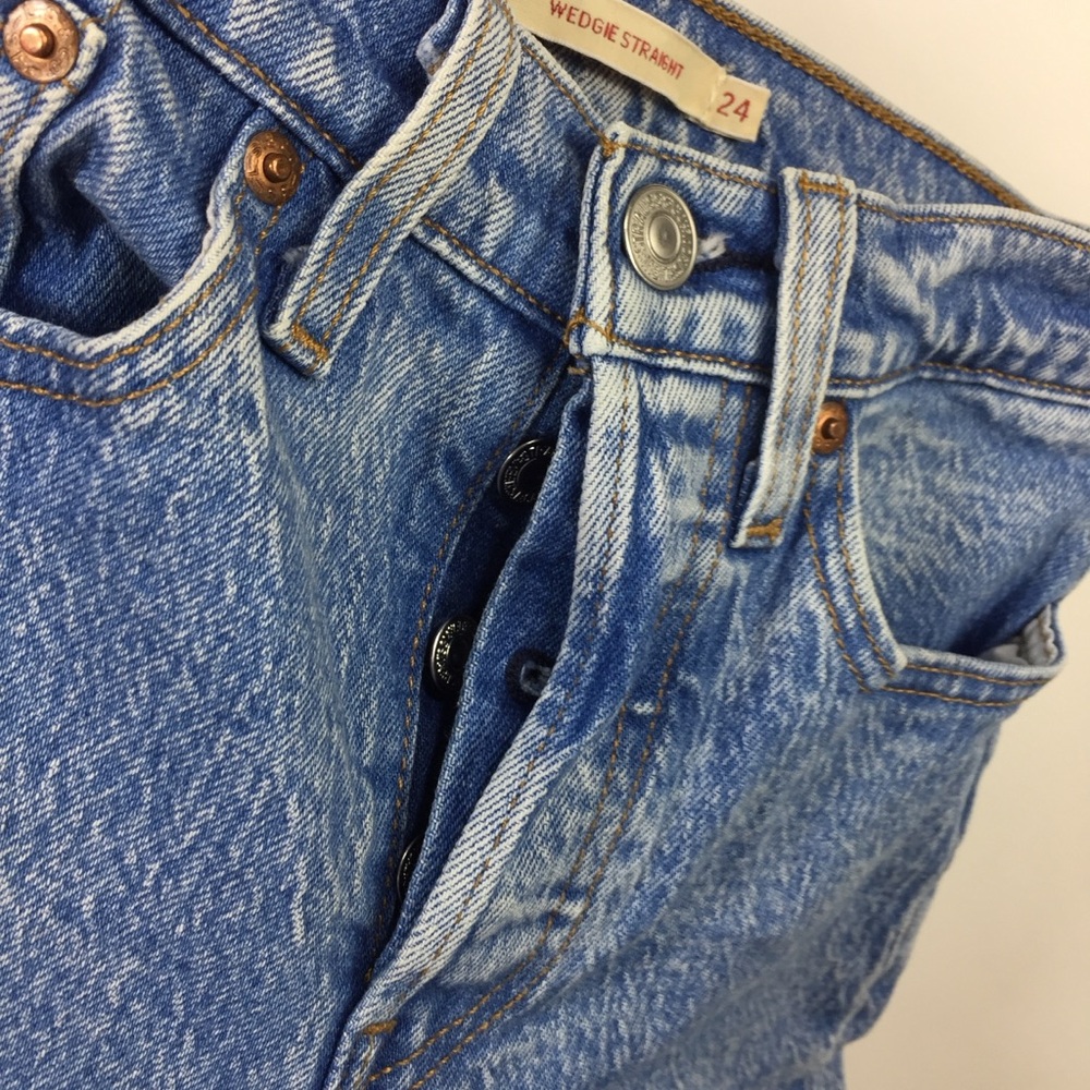 Levi's Wedgie Straight High Rise Button Fly Cotton Blend Blue Jeans - Picture 5 of 13